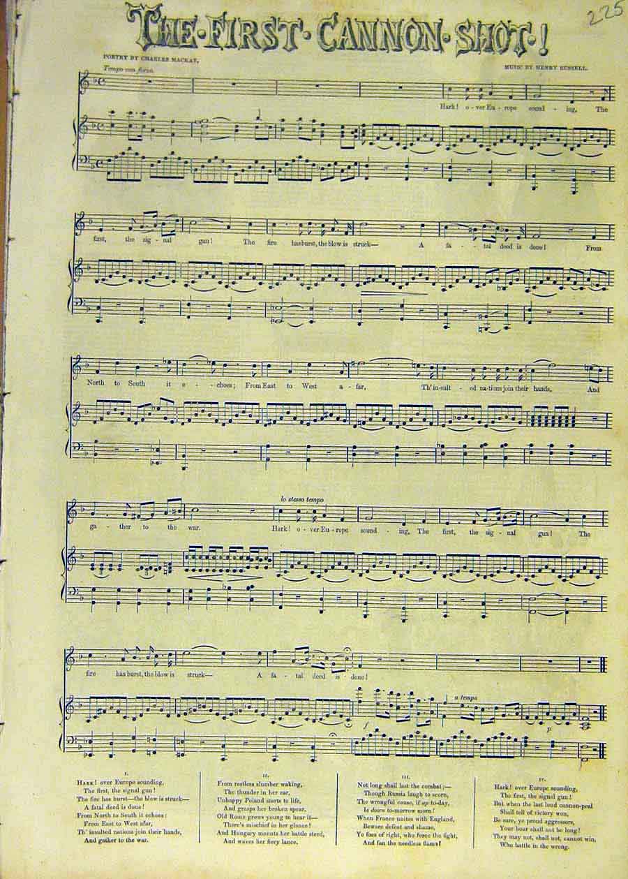Original Old Antique Print 1853 First-Cannon-Shot Song Melody Music Score 19th