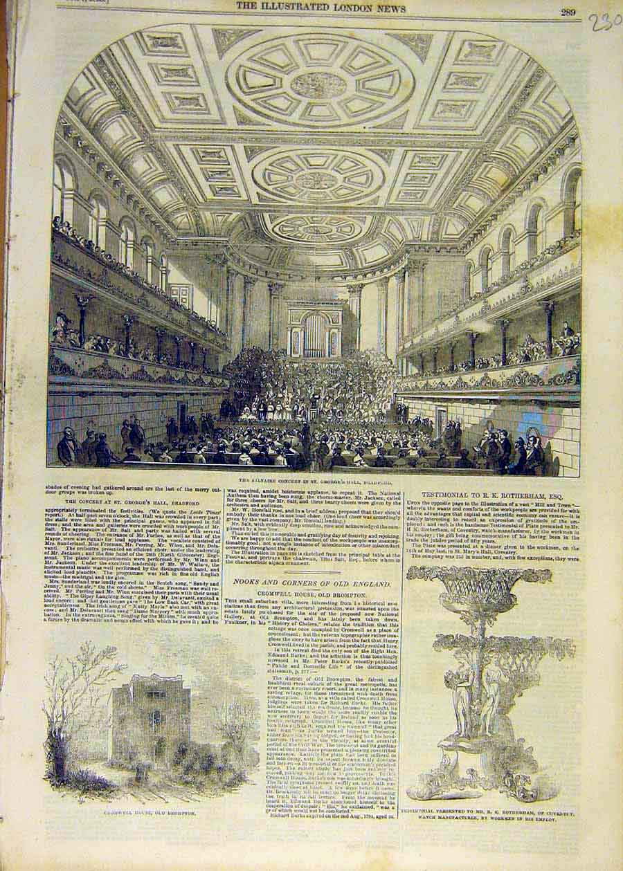 Original Old Antique Print 1853 Saltaire Concert Bradford Cromwell Brompton 19th