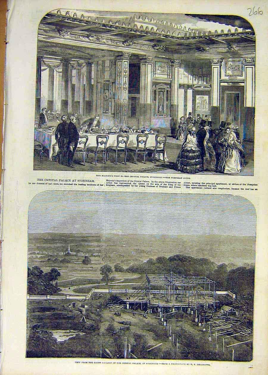 Original Old Antique Print 1853 Crystal Palace Queen Sydenham Building Victorian