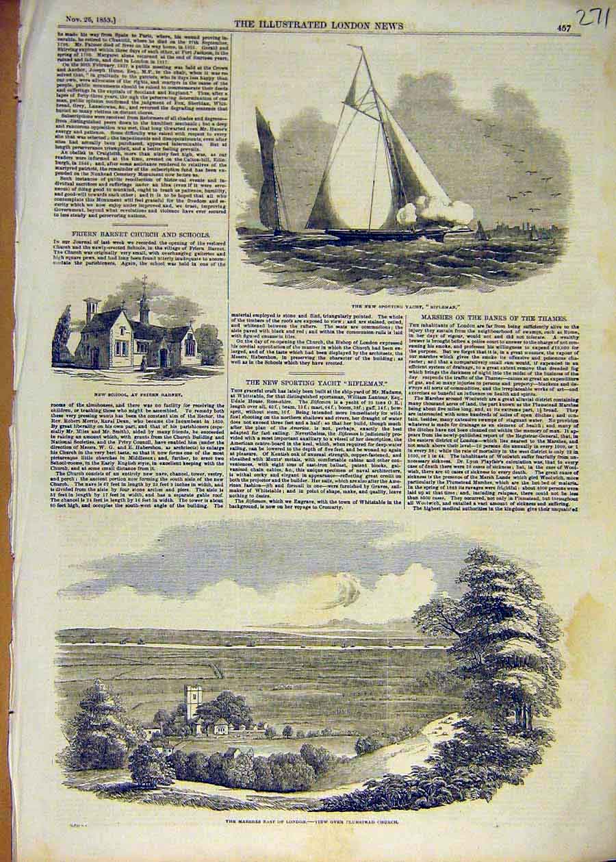 Original Old Antique Print 1853 Sporting Yacht Rifleman School Marshes Plumstead