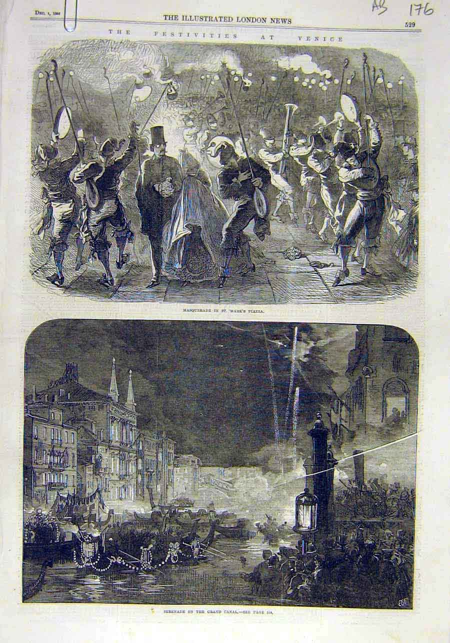 Original Old Antique Print Venice Festivities Masquerade Canal King Italy 1866