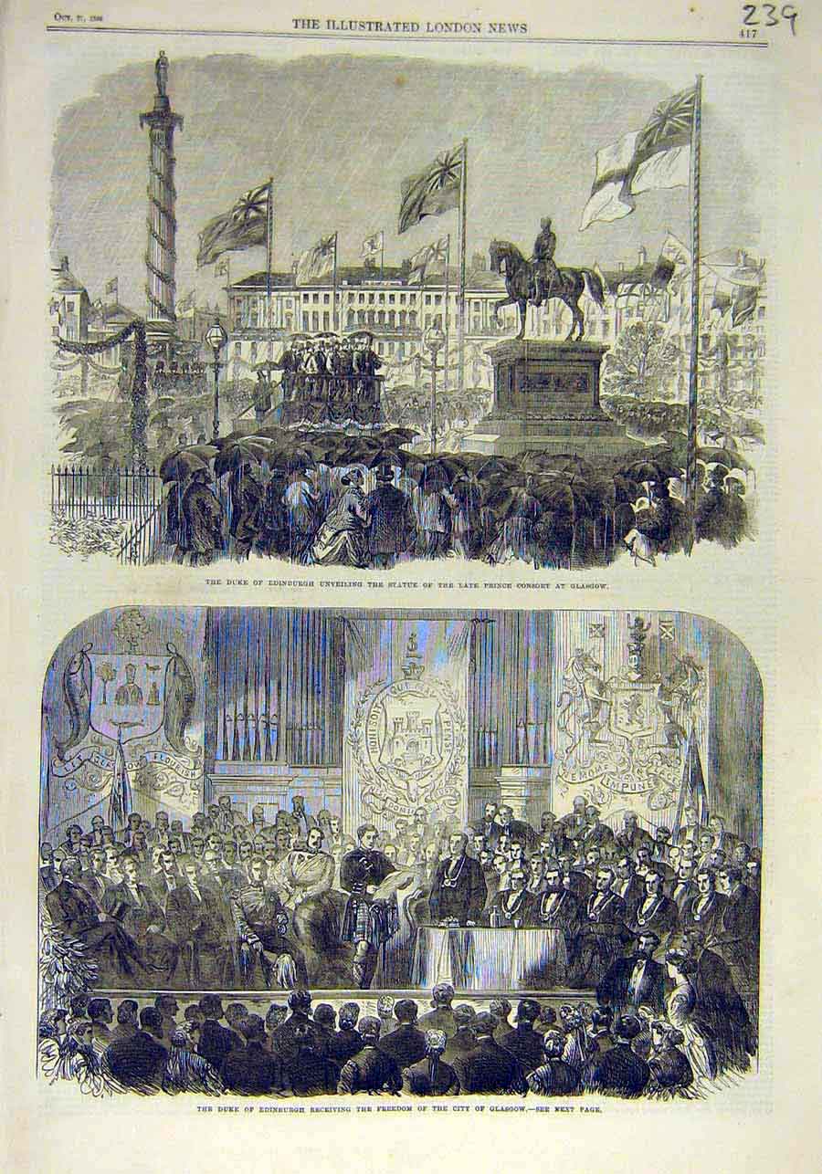 Original Old Antique Print Duke Edinburgh Statue Prince-Consort Glasgow 1866