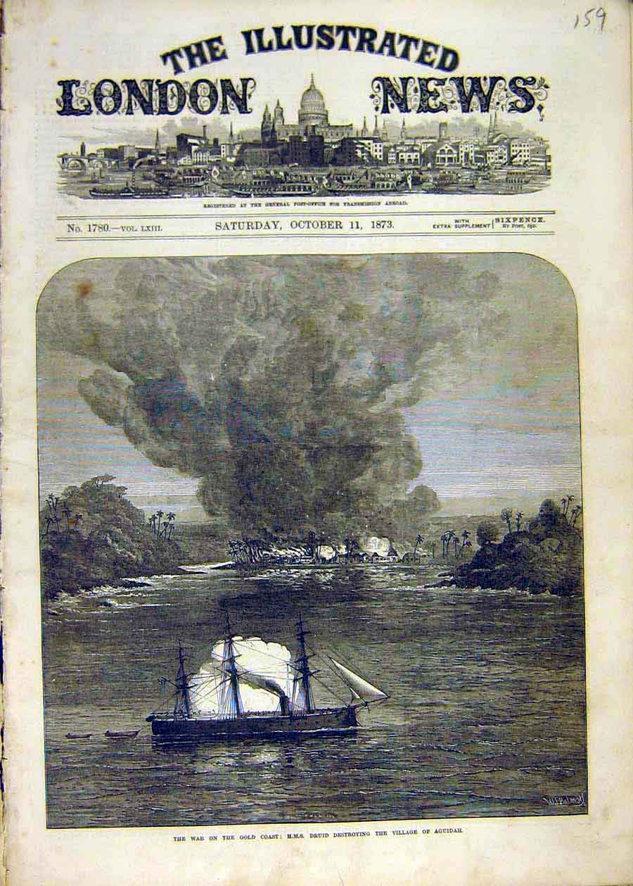 Original Old Antique Print Warw G-Coast Africa Hms Druid Aguidah Village 1873