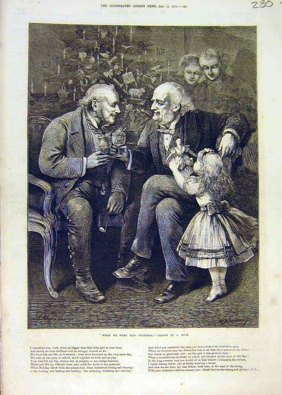 Original Old Antique Print -Men Boys-Together Muir Girl Child Fine Art 1873 19th