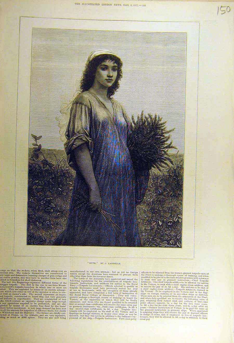 Original Old Antique Print 1877 Ruth Landelle Lady Woman Girl Country Victorian