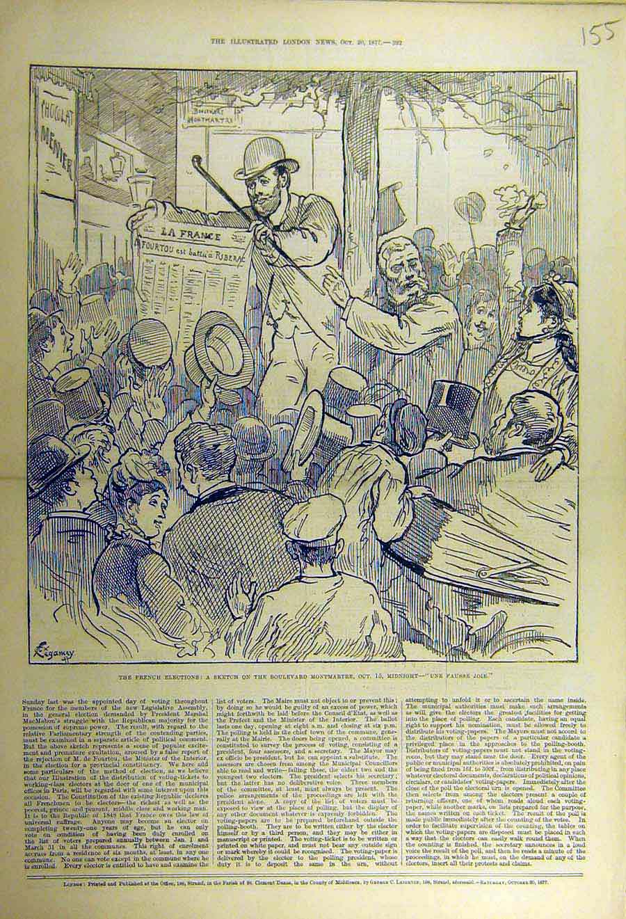 Original Old Antique Print 1877 French Election Montmartre Sketches France 19th