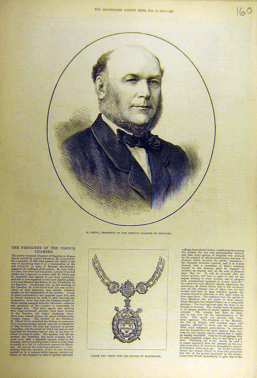 Original Old Antique Print 1877 Grevy President French Chamber Mayor Blackburn