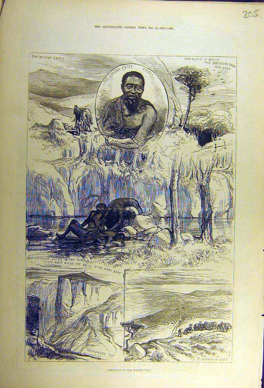 Original Old Antique Print 1877 Kaffir War Sketches Galekas Moordners Kop 19th