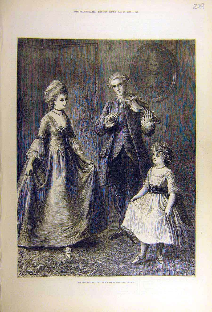 Original Old Antique Print 1877 Grest-Grandmother First Dancing Lesson Child