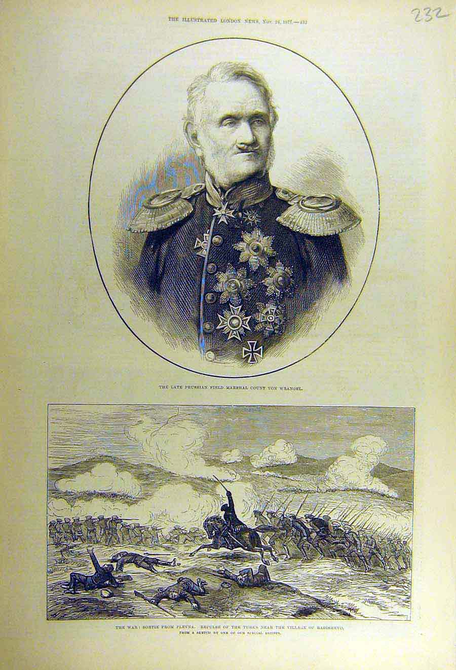 Original Old Antique Print 1877 Wrangel Portrait War Plevna Turks Battle-Field