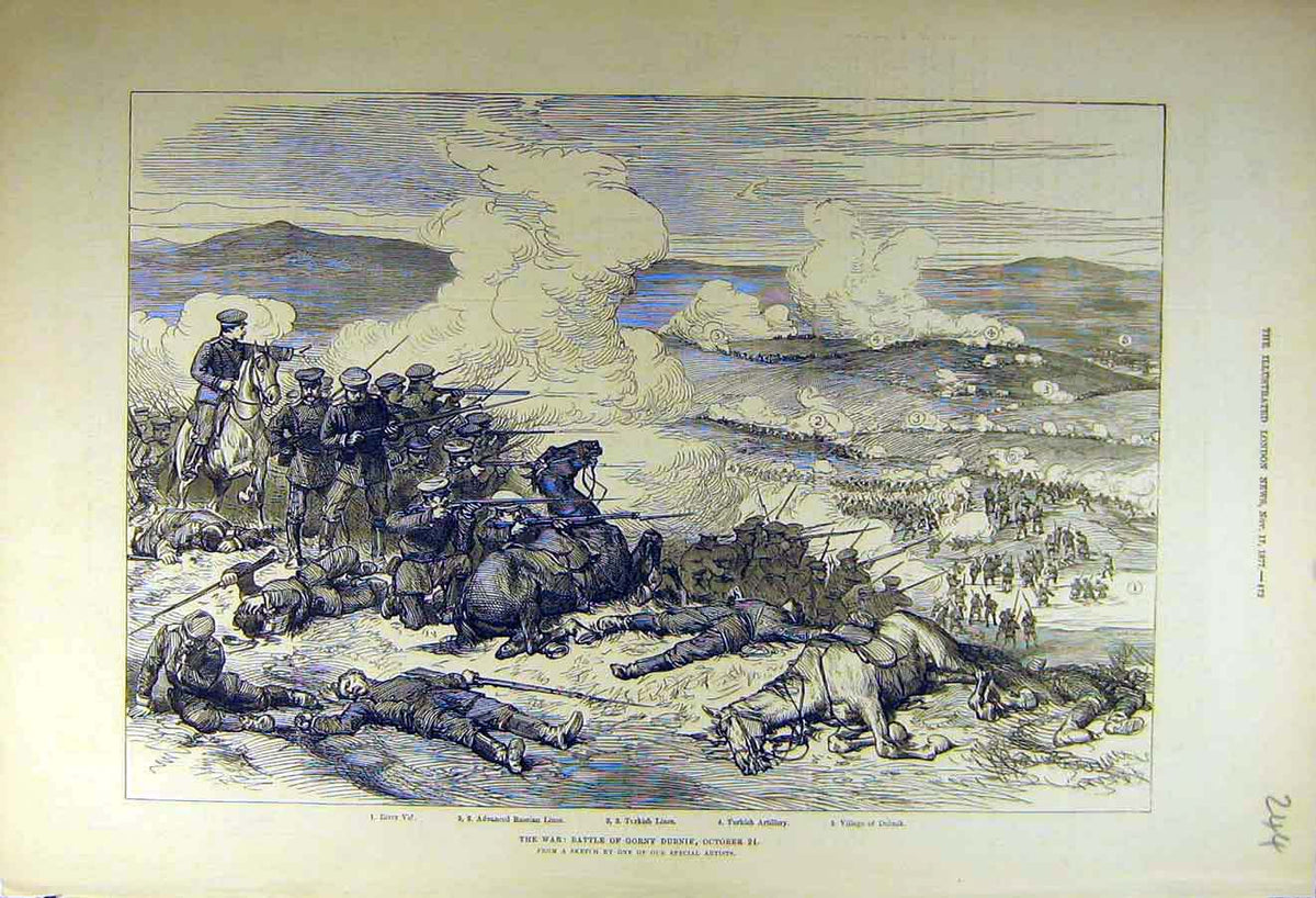 Original Old Antique Print 1877 War Battle Gorny-Dubnik Turkish Vid Artillery