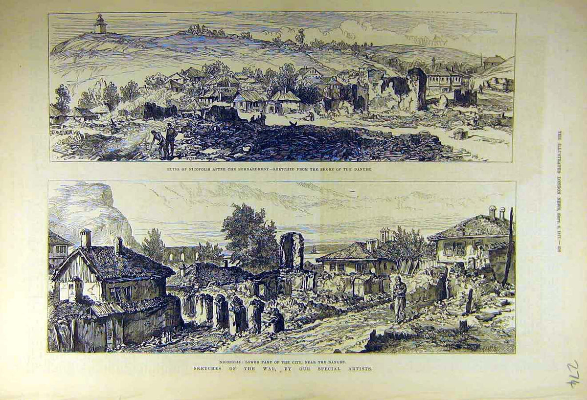 Original Old Antique Print 1877 Ruins Nicopolis Danube War Sketches Victorian