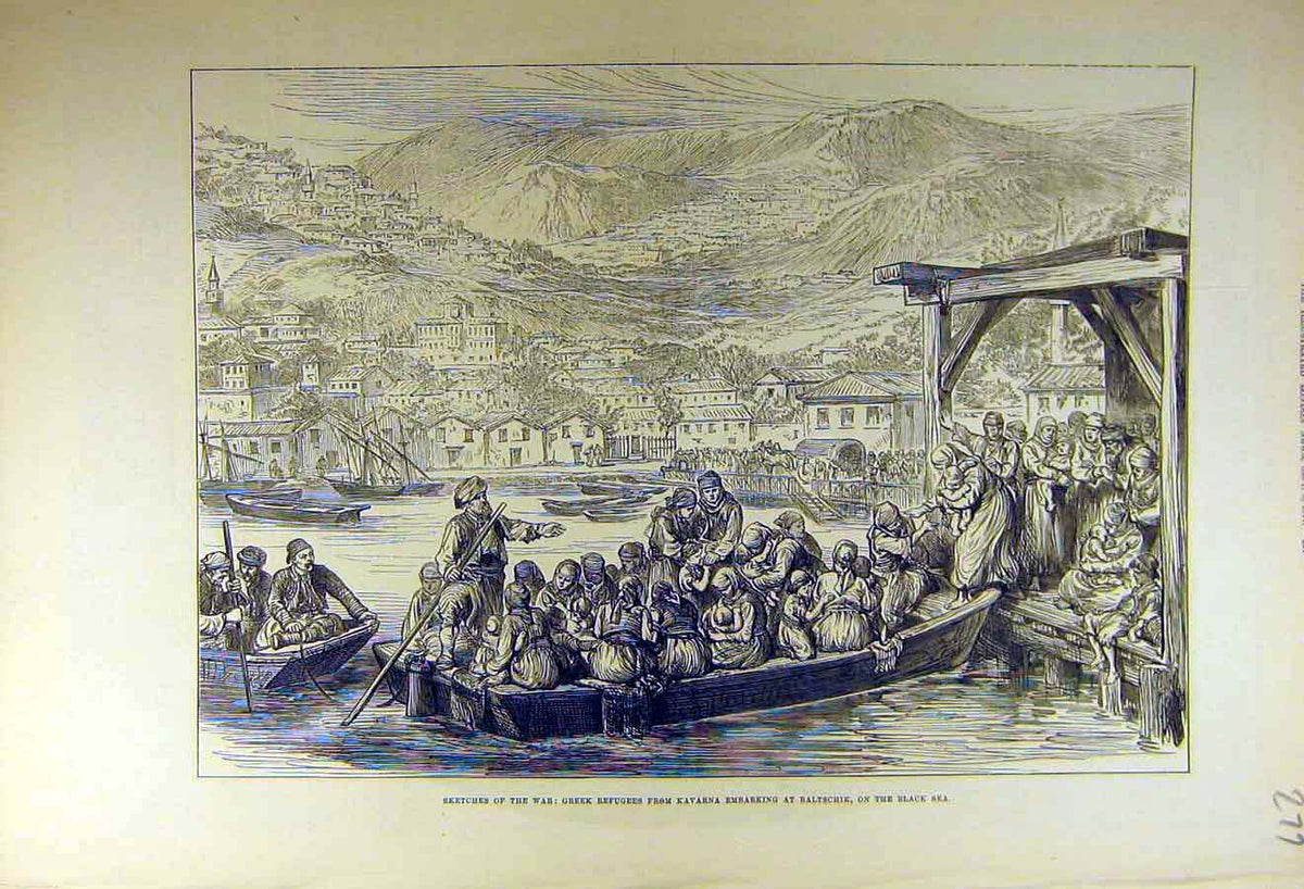 Original Old Antique Print 1877 War Greek Refugees Kavarna Baltschik Black-Sea