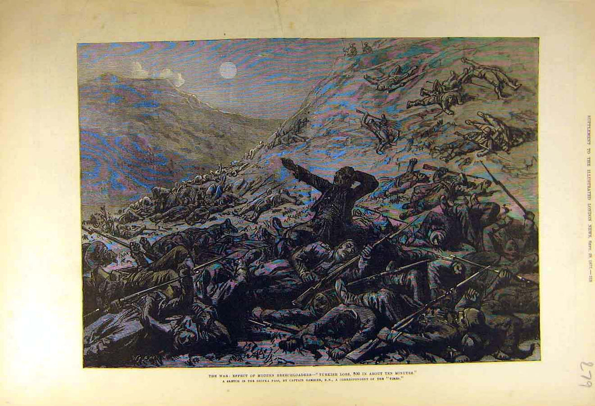 Original Old Antique Print 1877 War Breechloaders Guns Turkish Battle-Field 19th