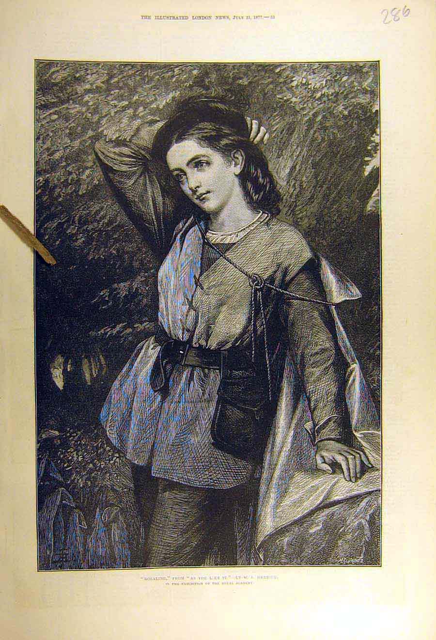 Original Old Antique Print 1877 Rosalind As-You-Like-It Herrick Fine Art 19th