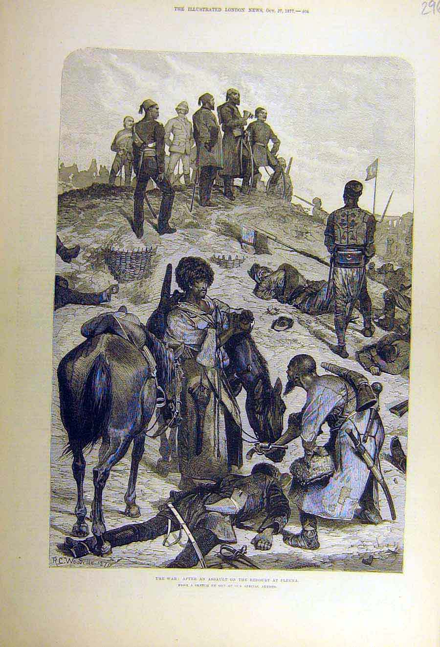 Original Old Antique Print 1877 War Redoubt Plevna Assault Military Victorian