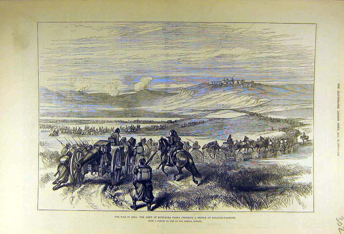 Original Old Antique Print 1877 War Asia Army Mustapha Pasha Bullock-Waggons
