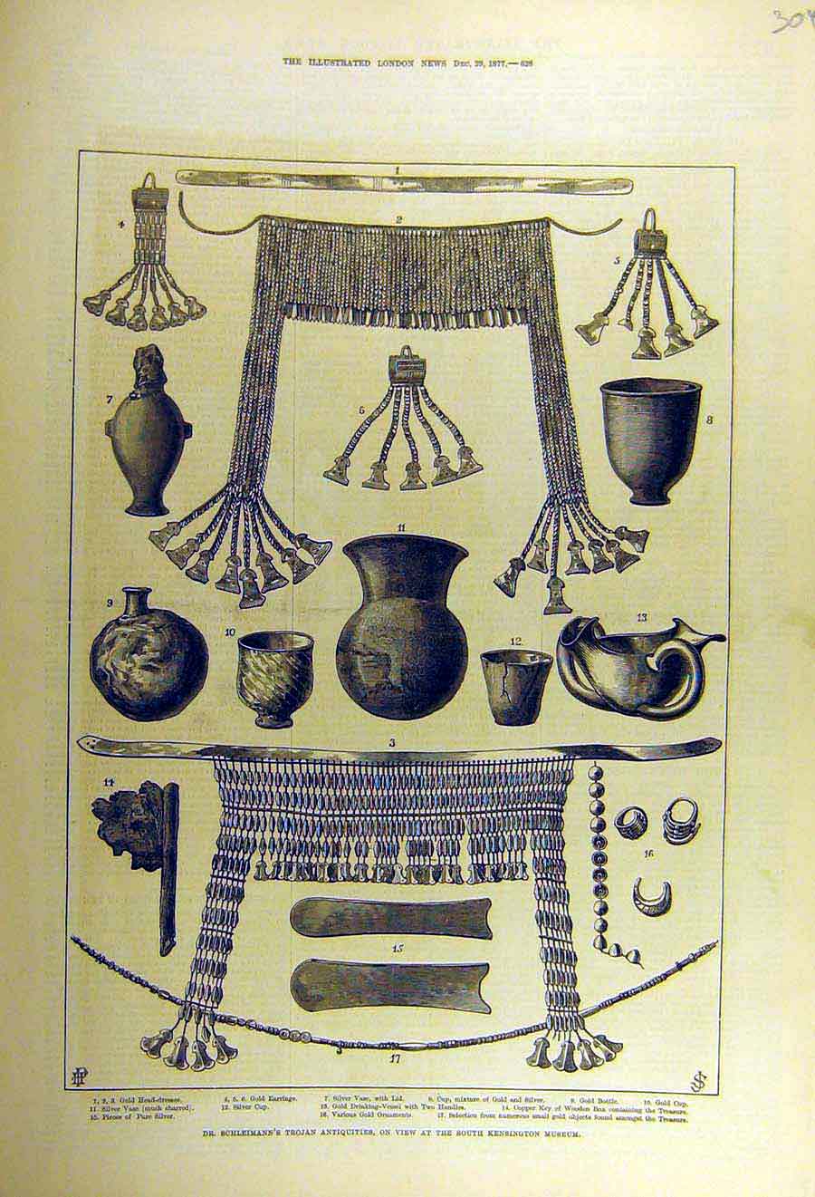 Old Antique Print 1877 Dr-Schleimann Trojan Antiquities Kensington Museum 19th