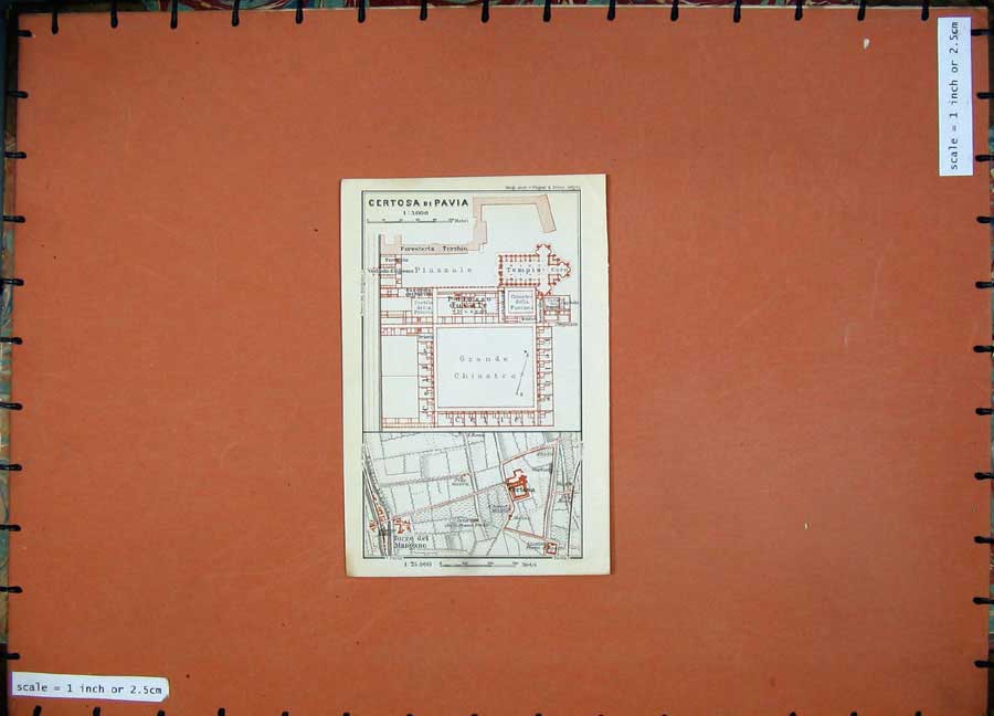 Original Old Antique Print 1909 Map Italy Plan Certosa Di Pavia Grande Chiostro