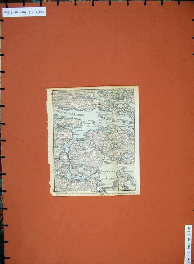 Original Old Antique Print 1899 Map Norway Denmark Sweden Saltsjosaden Vaxholm