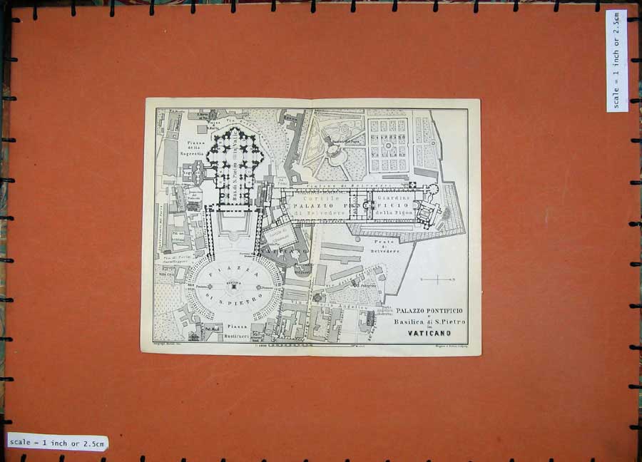 Original Old Antique Print 1909 Map Italy Plan Vaticano Palazzo Pontificio 20th