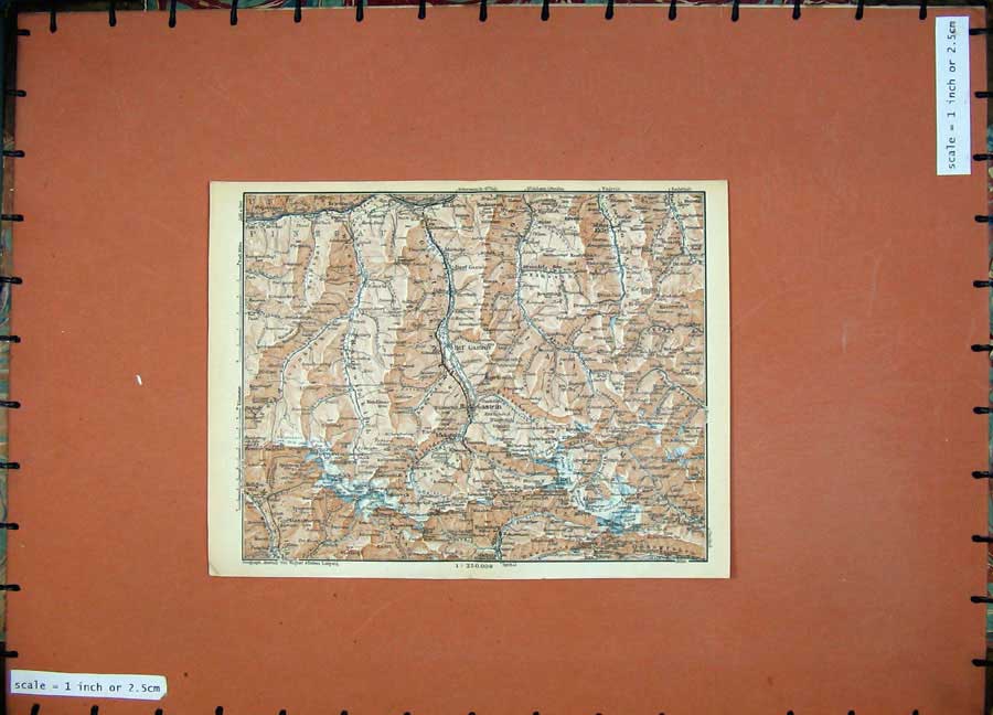 Old Vintage Print 1929 Colour Map Austria Gastein Rauris Hocharu Europe 20th