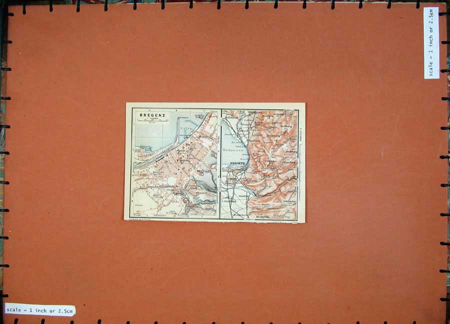 Original Old Antique Print 1910 Colour Map Germany Street Plan Bregenz Horbranz