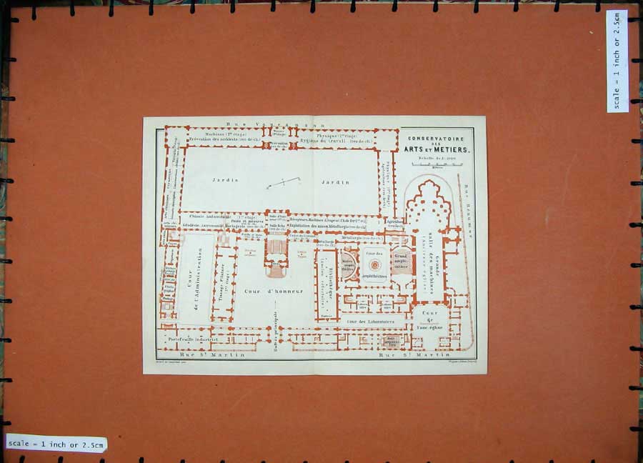 Old Antique Print France Colour Map 1907 Conservatoire Arts Metiers Plan 20th