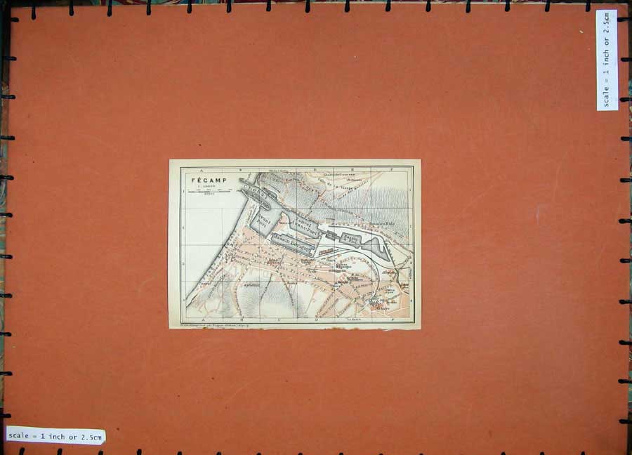 Original Old Antique Print Colour Map 1909 Northern France Fecamp Street Plan