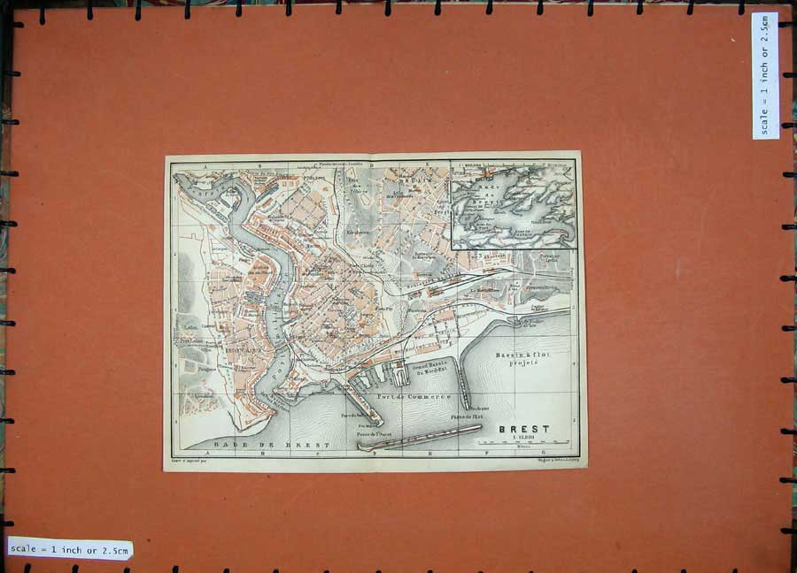 Old Antique Print 1909 Colour Map Street Plan Brest Port Commerce France 20th