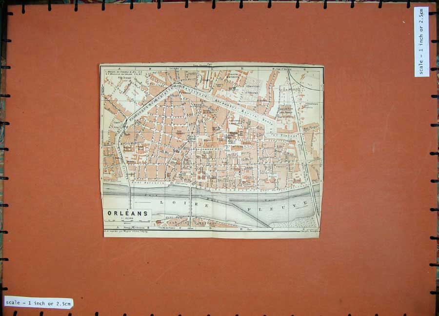 Old Antique Print 1909 Colour Map Street Plan Orleans Loire North France 20th