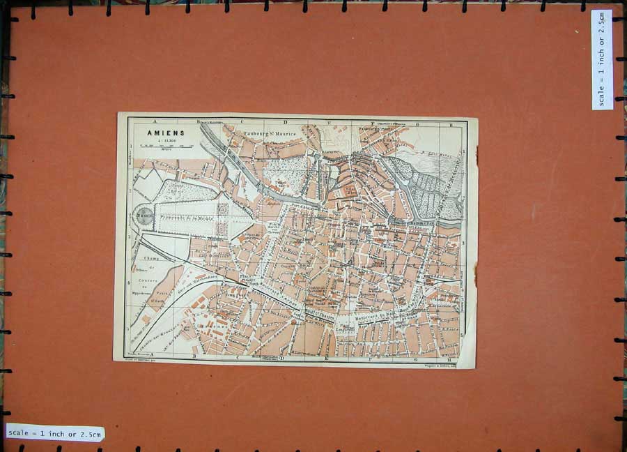 Original Old Antique Print 1909 Colour Map Street Plan Amiens Northern France