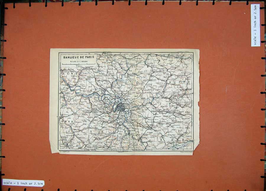 Old Antique Print 1909 Colour Map City Banlieue De Paris Northern France 20th