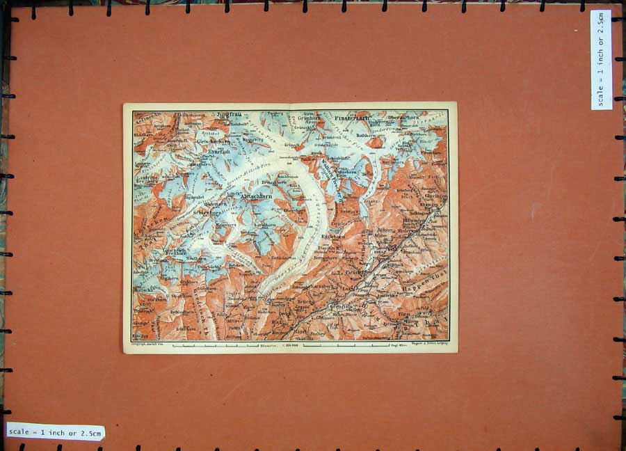 Original Old Antique Print 1899 Colour Map Switzerland Aletschhorn Morel 19th