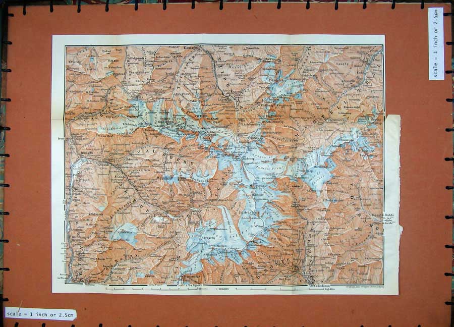 Original Old Antique Print 1911 Colour Map Val Zebru Furva Bormio Martell Thal