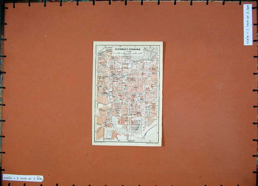 Old Antique Print Clermont Ferrand 1907 Colour Map Southern France Plan 20th