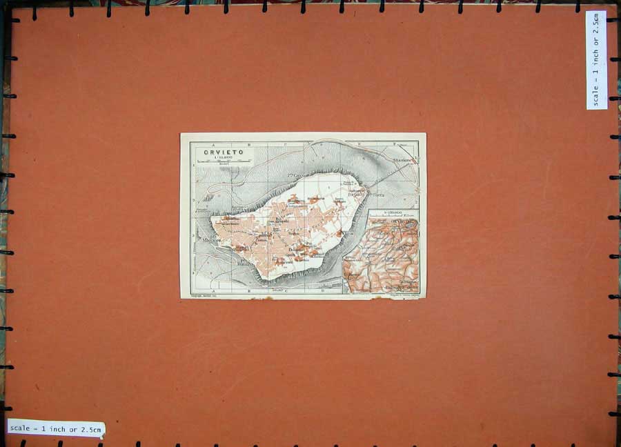 Old Antique Print 1909 Colour Map Italy Street Plan Orvieto Rocca Duomo 20th