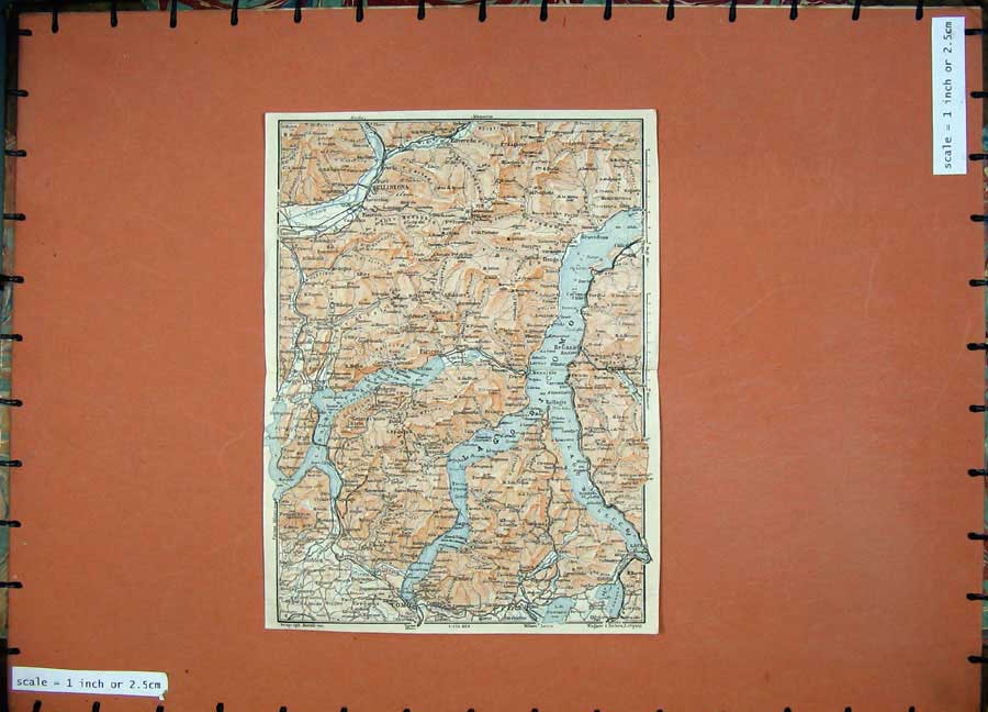 Original Old Antique Print 1909 Colour Map Italy Como Lecco Bellinzona Roveredo