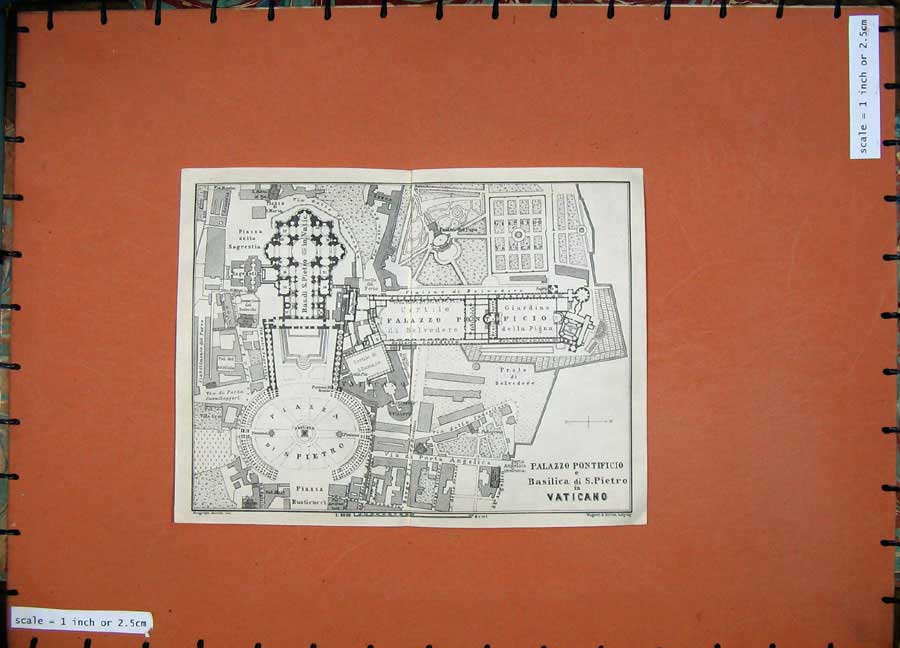 Old Antique Print 1909Map Italy Plan Vaticano Palazzo Pontificio Basilica 20th