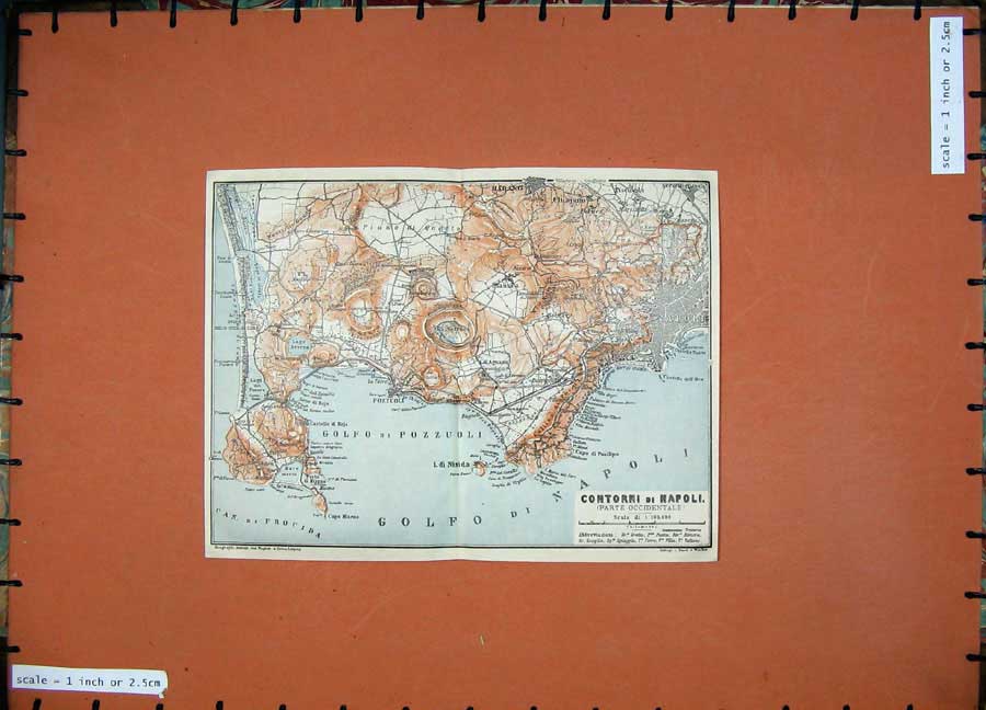 Old Antique Print 1909 Colour Map Italy Contorni Napoli Pozzuoli Marano 20th