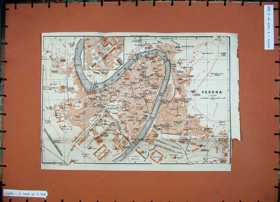 Antique Old Print *398 1909 Colour Map Italy Street Plan Verona Fiume Adige