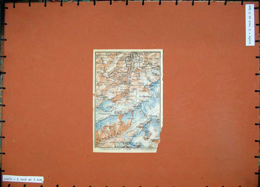 Old Vintage Print 1928 Colour Map Switzerland Monch Mittaghorn Mountains 20th