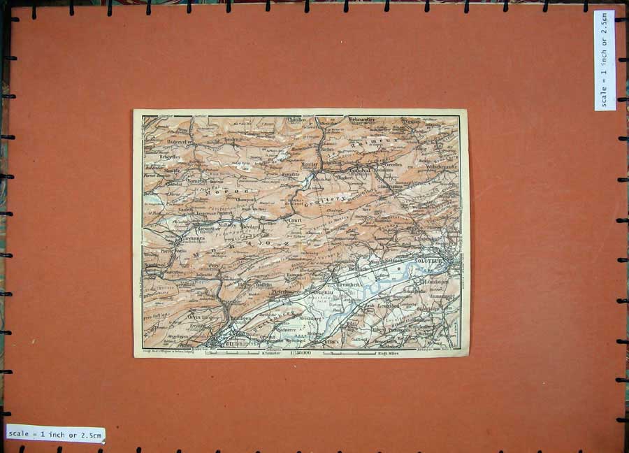 Original Old Vintage Print 1928 Colour Map Switzerland Moutier Solothurn Buren