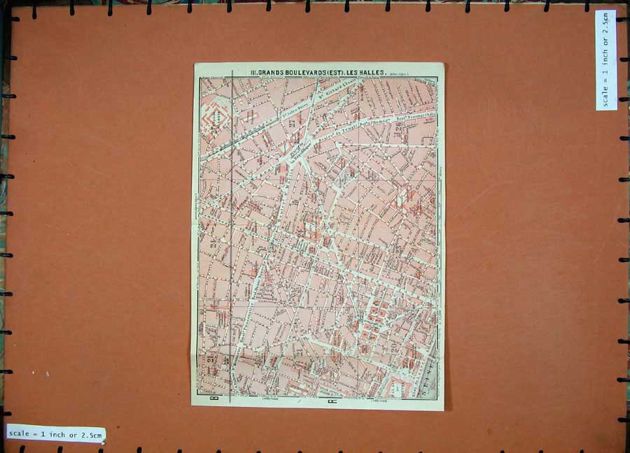 Old Vintage Print 1924 Colour Map Paris France Plan Boulevards Les Halles 20th
