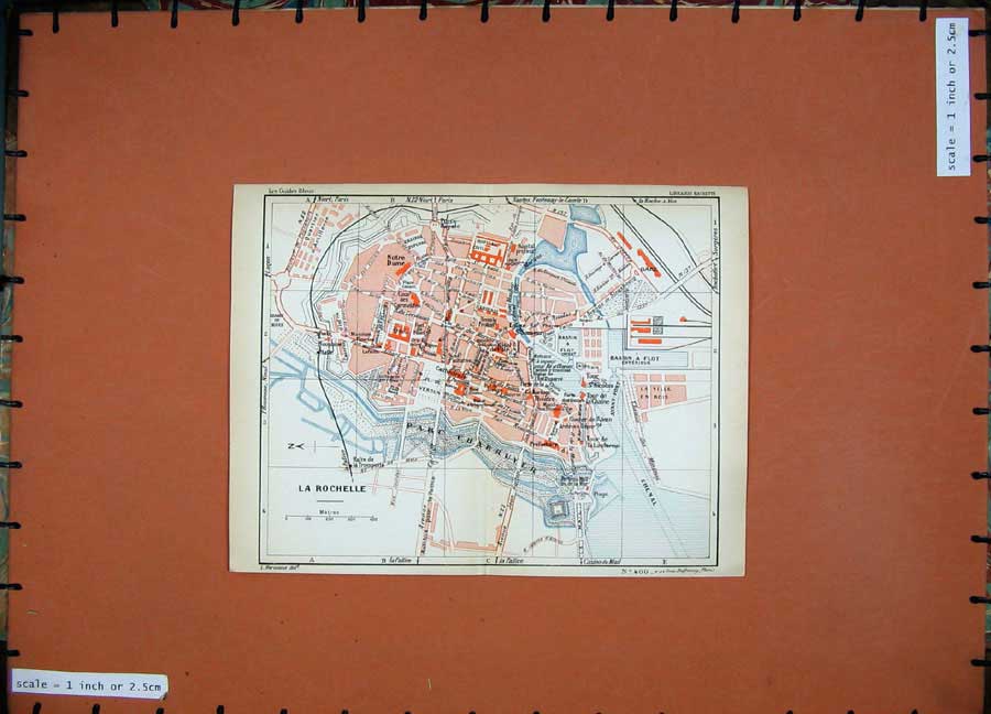 Old Vintage Print 1934 Colour Map France Street Plan Rochelle Notre Dame 20th