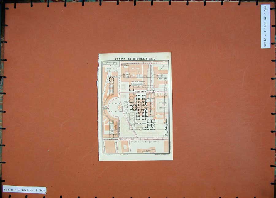 Old Vintage Print 1925 Colour Map Italy Plan Terme Di Diocleziano Piazza 20th