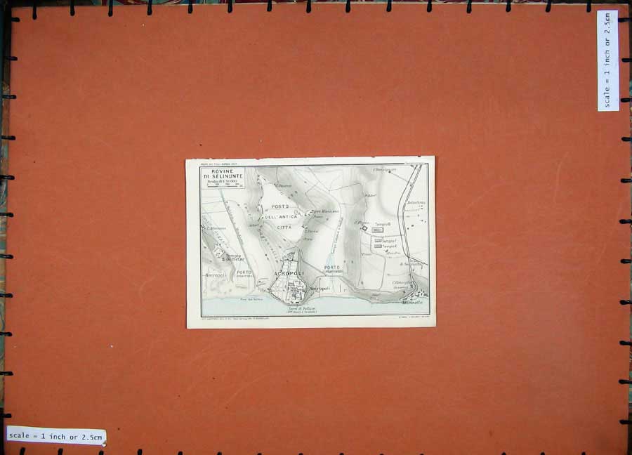 Original Old Vintage Print 1925 Colour Map Italy Plan Rovine Selinunte Acropoli