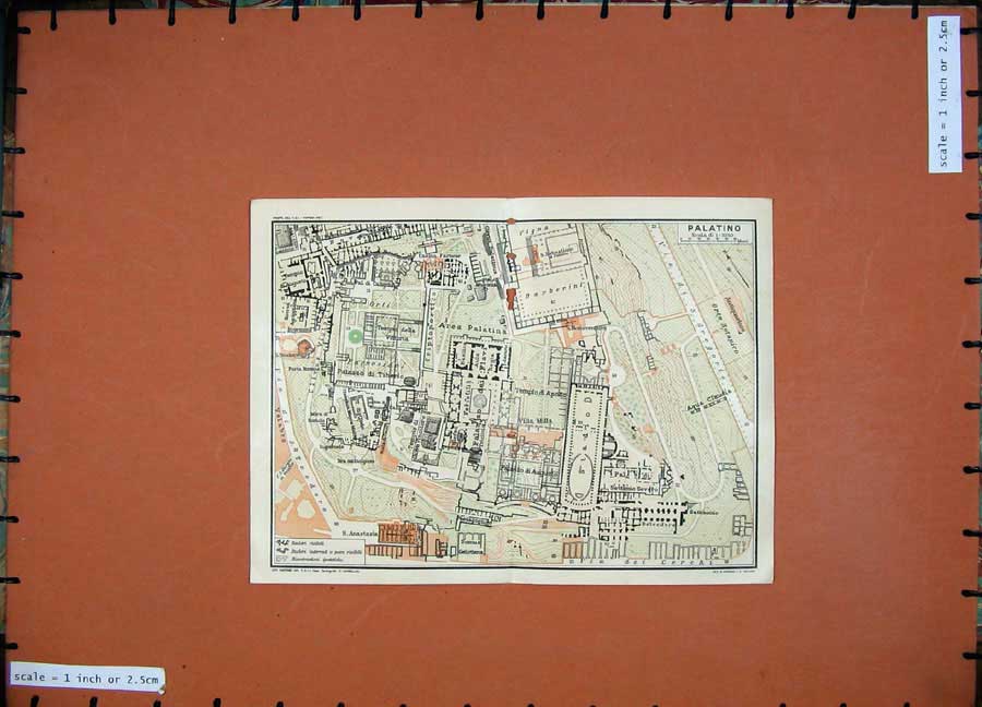 Original Old Vintage Print 1925 Colour Map Italy Plan Palatino Palazzo Tiberio