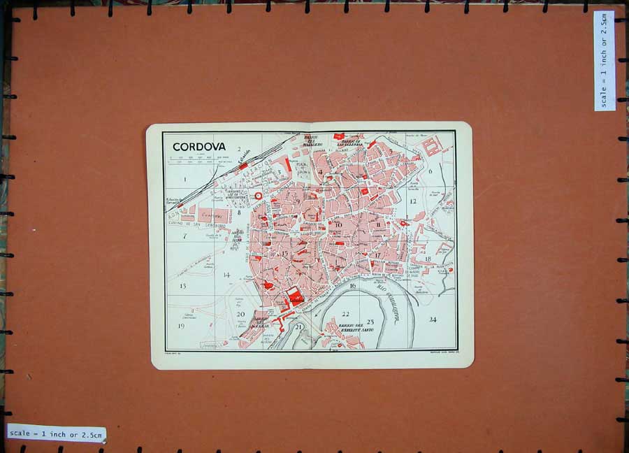Old Vintage Print 1929 Colour Map Spain Street Plan Cordova Guadalquivir 20th