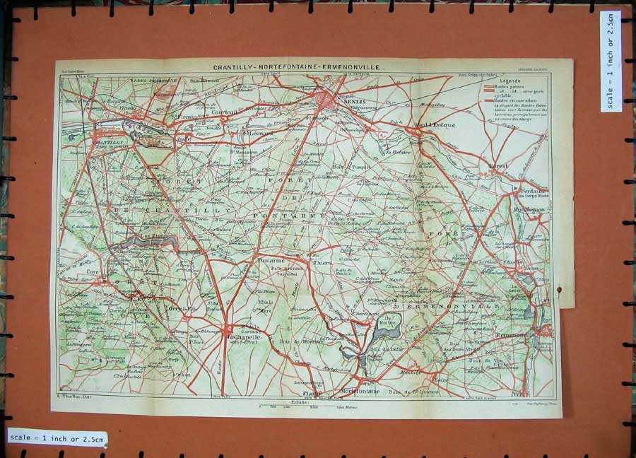 Old Vintage Print 1928 Colour Map Paris France Chantilly Senlis Pontarme 20th